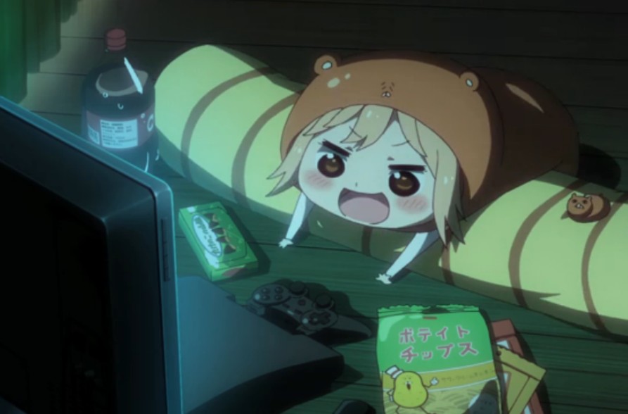 cute little anime character watching TV with snacks